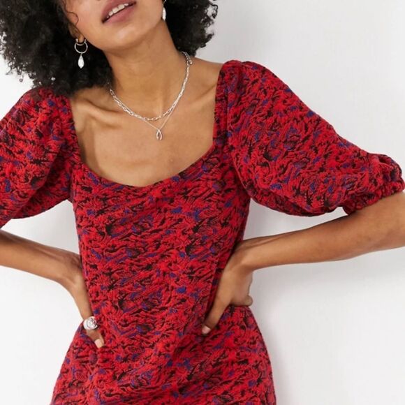 NWT Free People Sunset Red Multi Print Puff Sleeve Bodycon Mini Dress - Picture 2 of 8